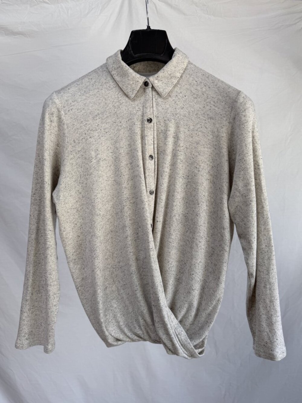 J. JILL Twisted Waist Collared Grey Speckled Button Down Knit Pullover Size M